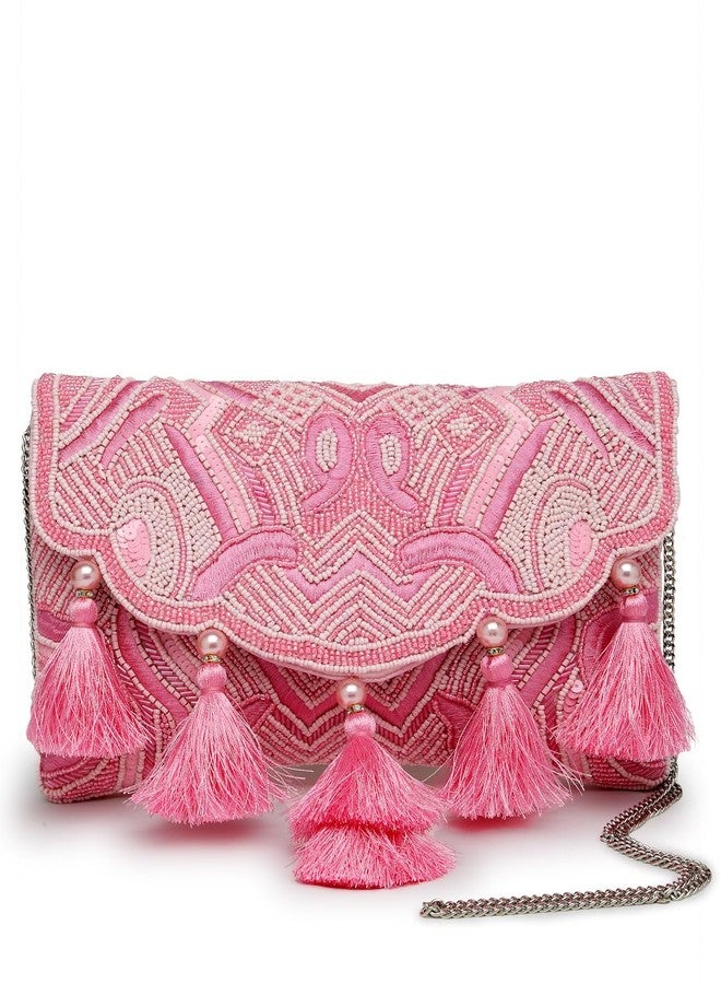 Anekaant Boho Pink Abstract Embellished Satin Sling Bag - Image 1